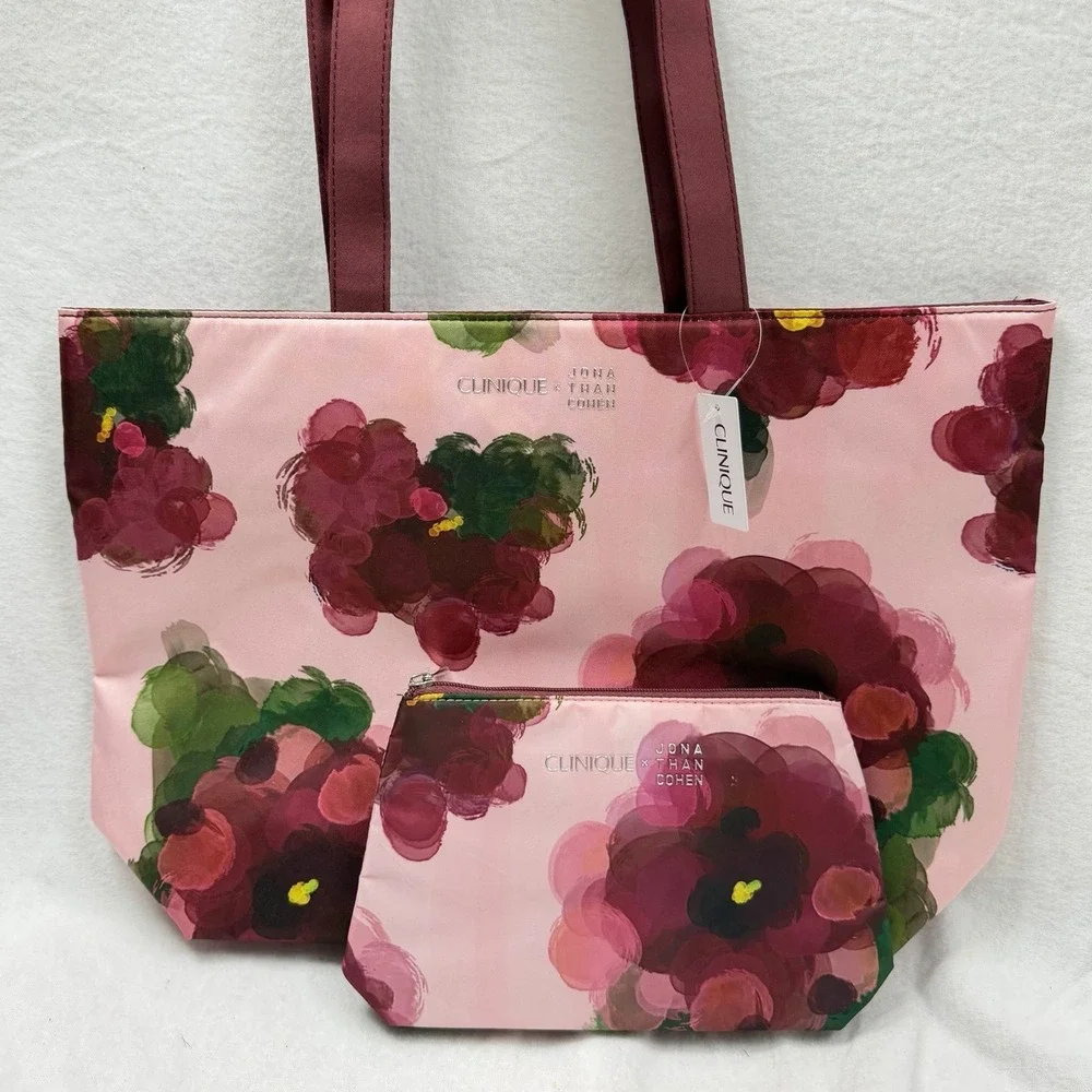 Clinique x Jonathan Cohen Floral Tote Bag‎ + Zip Pouch Set Floral Pink NWT